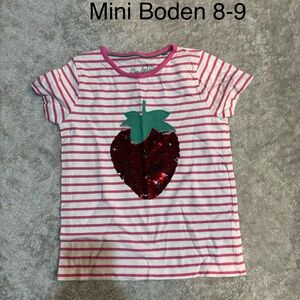 Mini Boden Pink Striped Kids Shirt with Sequin Strawberry appliqué